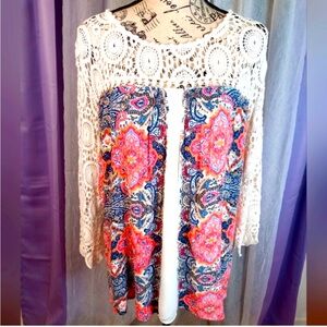 Xhilaration cream & multicolored boho print crocheted sleeves size XL